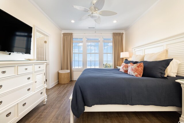 611 N Ocean Blvd, Surfside Beach, SC 29575 - bedroom with crown molding, dark wood finished floors, a ceiling fan, and recessed lighting