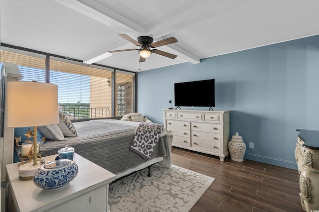 7601 N Ocean Blvd Unit 7-C, Myrtle Beach, SC 29572 - bedroom with beam ceiling, dark wood-style flooring, and ceiling fan