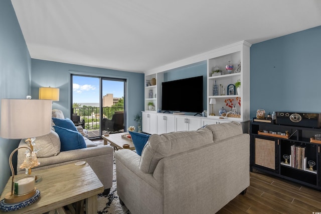 7601 N Ocean Blvd Unit 7-C, Myrtle Beach, SC 29572 - living area with dark wood-style floors and built in shelves