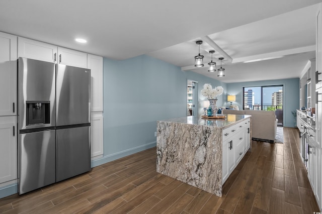 7601 N Ocean Blvd Unit 7-C, Myrtle Beach, SC 29572 - kitchen featuring stainless steel fridge with ice dispenser, light stone counters, dark wood-style floors, white cabinetry, and recessed lighting