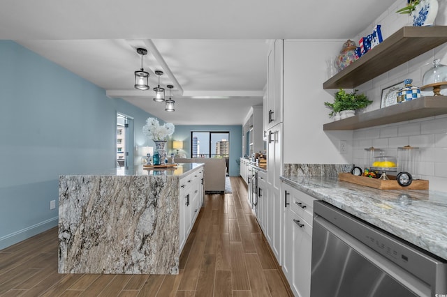 7601 N Ocean Blvd Unit 7-C, Myrtle Beach, SC 29572 - kitchen featuring stainless steel dishwasher, open shelves, dark wood finished floors, and light stone countertops