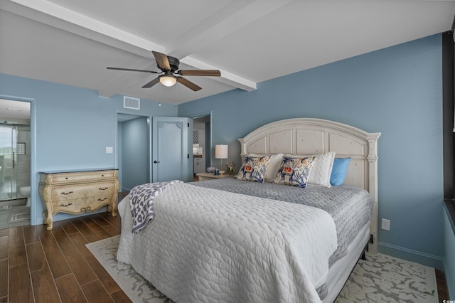 7601 N Ocean Blvd Unit 7-C, Myrtle Beach, SC 29572 - bedroom featuring beamed ceiling, dark wood-type flooring, and ceiling fan