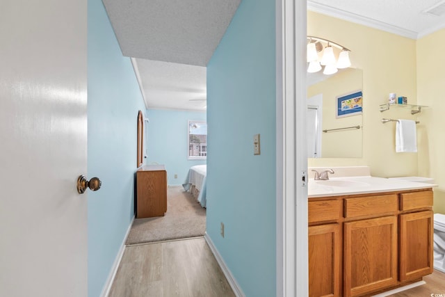 305 Hillside Dr N Unit 205, North Myrtle Beach, SC 29582 - bathroom featuring wood finished floors, vanity, ensuite bathroom, ornamental molding, and a textured ceiling