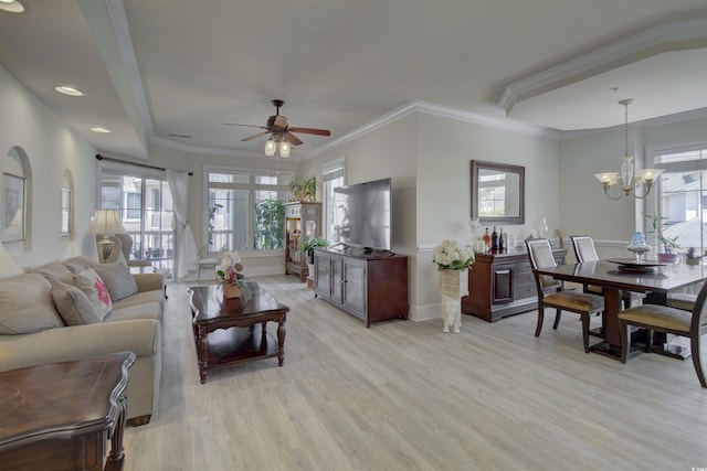 2180 Waterview Dr Unit 738, North Myrtle Beach, SC 29582 - living room with ceiling fan, light wood finished floors, a chandelier, and ornamental molding