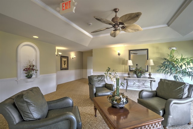 2180 Waterview Dr Unit 738, North Myrtle Beach, SC 29582 - carpeted living area with a raised ceiling, a wainscoted wall, ceiling fan, and crown molding
