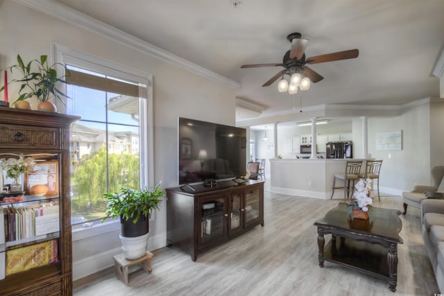 2180 Waterview Dr Unit 738, North Myrtle Beach, SC 29582 - living area with a ceiling fan, light wood finished floors, and ornamental molding