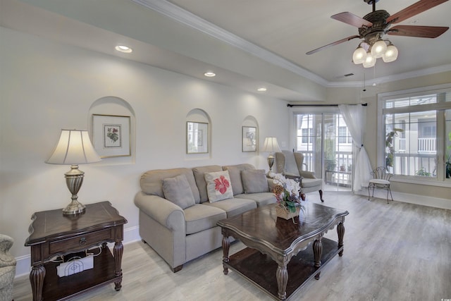 2180 Waterview Dr Unit 738, North Myrtle Beach, SC 29582 - living room with light wood finished floors, crown molding, recessed lighting, and a ceiling fan
