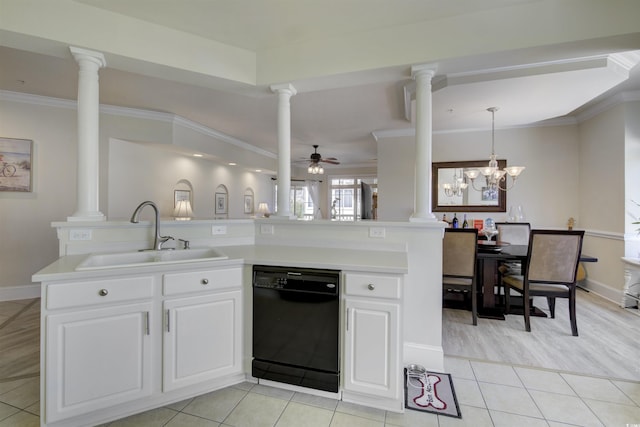 2180 Waterview Dr Unit 738, North Myrtle Beach, SC 29582 - kitchen with dishwasher, ornate columns, ornamental molding, light countertops, and white cabinetry