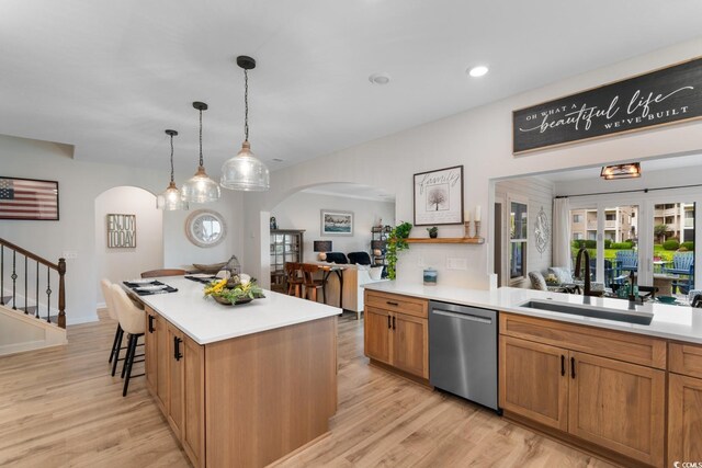 3185 Viceroy Loop, Little River, SC 29566 - kitchen with dishwasher, arched walkways, light wood-type flooring, light countertops, and recessed lighting