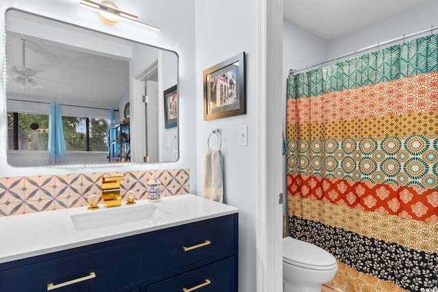 620 15th Ave S Unit 87, Surfside Beach, SC 29575 - full bath featuring decorative backsplash, vanity, ceiling fan, and a shower with shower curtain