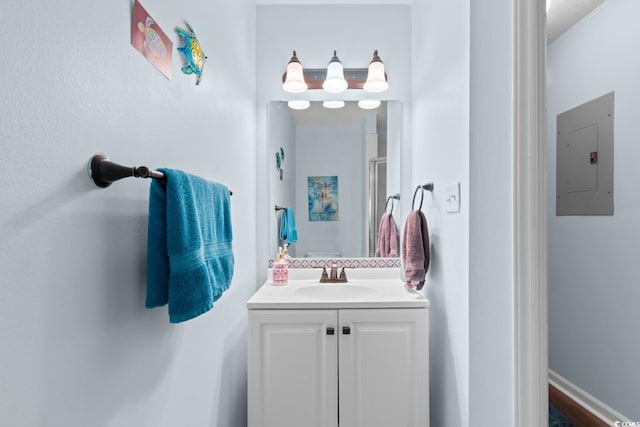 620 15th Ave S Unit 87, Surfside Beach, SC 29575 - bathroom with electric panel, vanity, and a shower stall