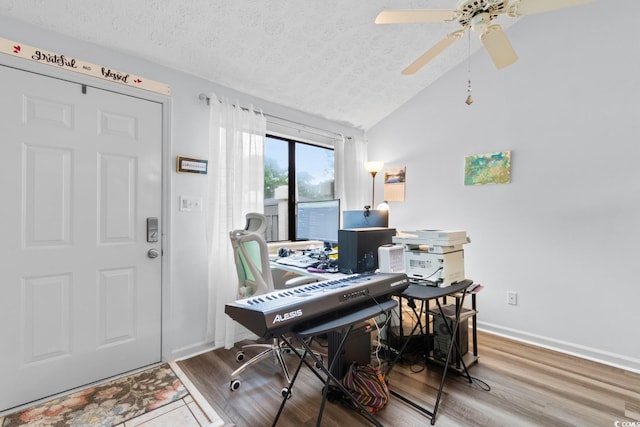 620 15th Ave S Unit 87, Surfside Beach, SC 29575 - office area featuring a textured ceiling, ceiling fan, lofted ceiling, and wood finished floors