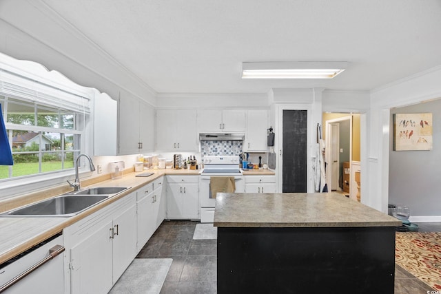 300 Crescent Dr, Conway, SC 29526 - kitchen with white appliances, under cabinet range hood, crown molding, white cabinetry, and light countertops