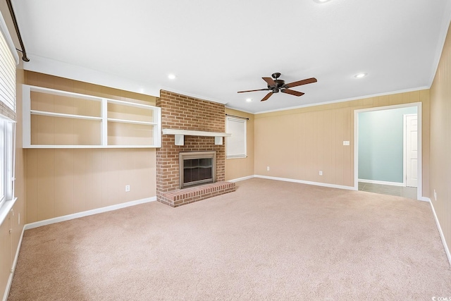 300 Crescent Dr, Conway, SC 29526 - unfurnished living room featuring carpet, ceiling fan, a fireplace, recessed lighting, and ornamental molding