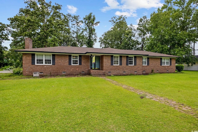 300 Crescent Dr, Conway, SC 29526 - ranch-style home with crawl space, a chimney, a front lawn, and brick siding