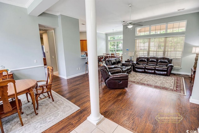 4499 Firethorne Dr, Murrells Inlet, SC 29576 - living area with ceiling fan, ornamental molding, wood finished floors, and ornate columns