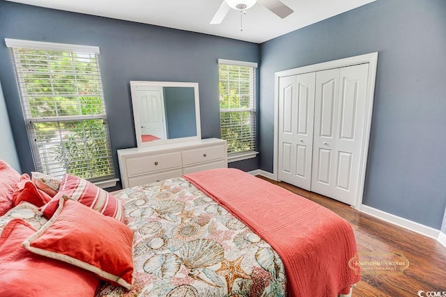 4499 Firethorne Dr, Murrells Inlet, SC 29576 - bedroom with wood finished floors, a closet, and a ceiling fan