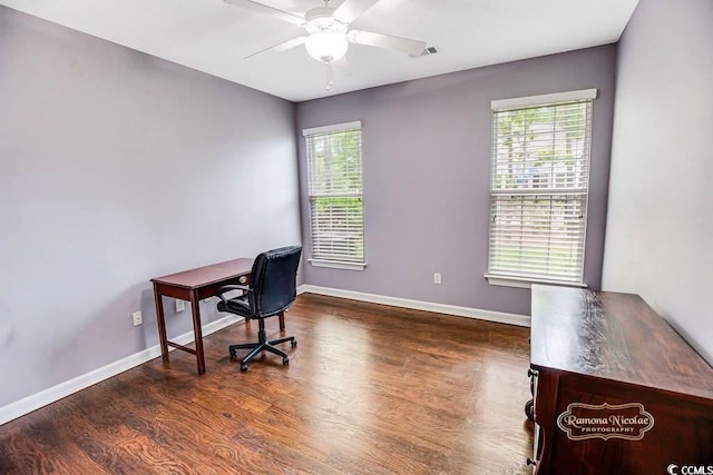 4499 Firethorne Dr, Murrells Inlet, SC 29576 - office area with plenty of natural light, wood finished floors, and ceiling fan
