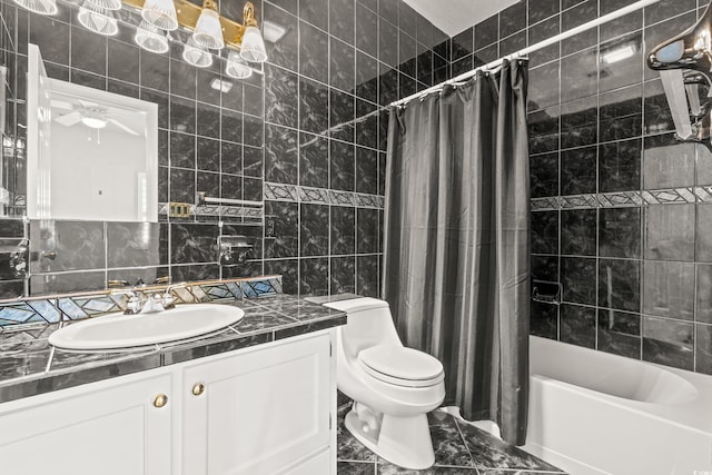 3597 Sunfish St, Murrells Inlet, SC 29576 - full bathroom featuring tile walls, vanity, shower / tub combo, decorative backsplash, and marble finish flooring