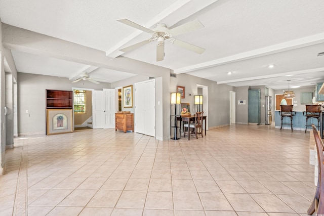 3597 Sunfish St, Murrells Inlet, SC 29576 - living area featuring beamed ceiling, light tile patterned floors, ceiling fan, and recessed lighting