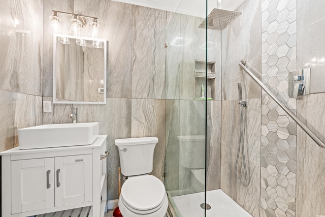 3597 Sunfish St, Murrells Inlet, SC 29576 - full bathroom featuring vanity, a walk in shower, and tile walls