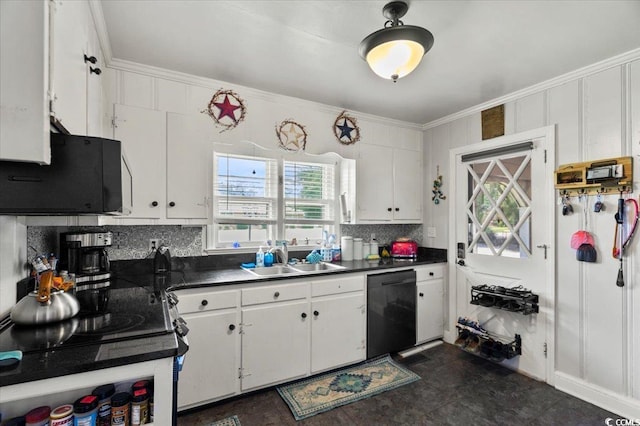 1008 N Withlacoochee Ave, Marion, SC 29571 - kitchen featuring crown molding, black dishwasher, white cabinetry, dark countertops, and decorative backsplash