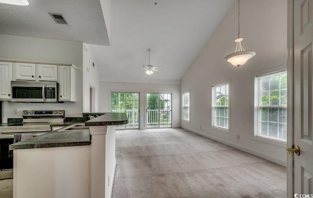 5046 Belleglen Ct Unit 202, Myrtle Beach, SC 29579 - kitchen with stainless steel appliances, a peninsula, light colored carpet, dark countertops, and high vaulted ceiling