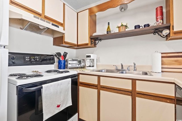 500 Fairway Village Dr Unit J-7, Myrtle Beach, SC 29588 - kitchen featuring range with electric cooktop, under cabinet range hood, light countertops, open shelves, and dishwashing machine