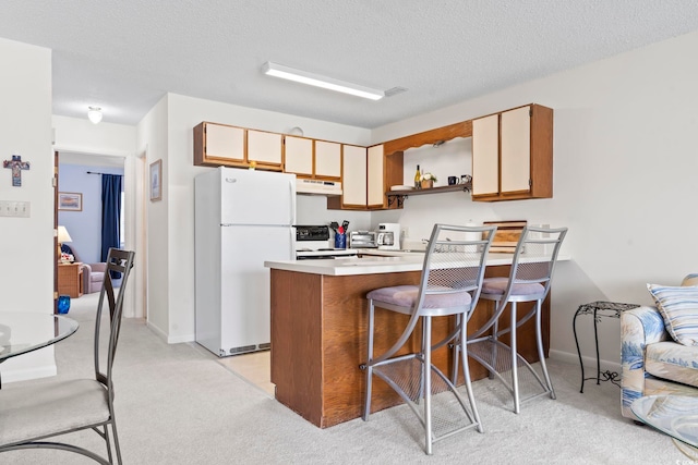 500 Fairway Village Dr Unit J-7, Myrtle Beach, SC 29588 - kitchen with freestanding refrigerator, under cabinet range hood, light colored carpet, range, and a peninsula