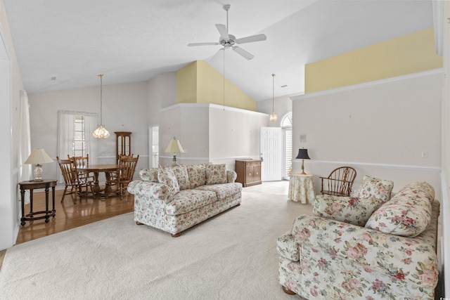 583 Wildflower Trl, Myrtle Beach, SC 29579 - living area featuring a ceiling fan, high vaulted ceiling, carpet, and wood finished floors