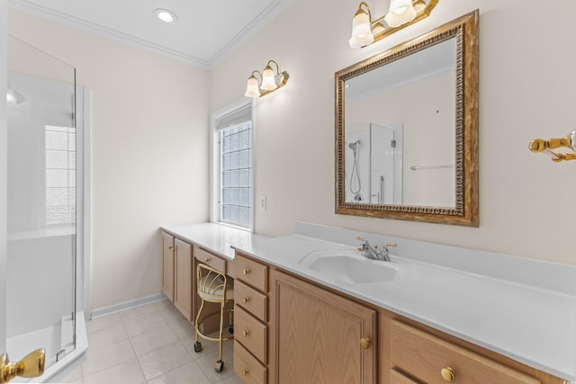 583 Wildflower Trl, Myrtle Beach, SC 29579 - full bathroom featuring vanity, a shower stall, ornamental molding, tile patterned flooring, and recessed lighting