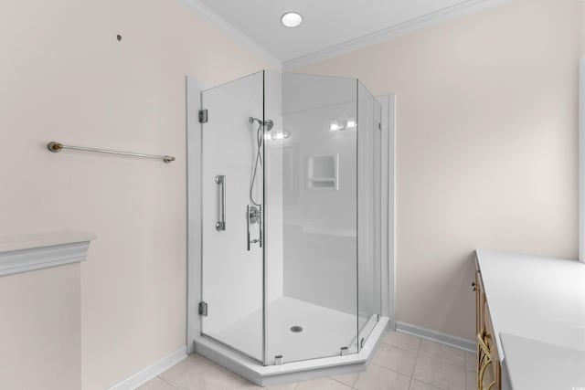 583 Wildflower Trl, Myrtle Beach, SC 29579 - bathroom with a stall shower, ornamental molding, tile patterned flooring, and vanity