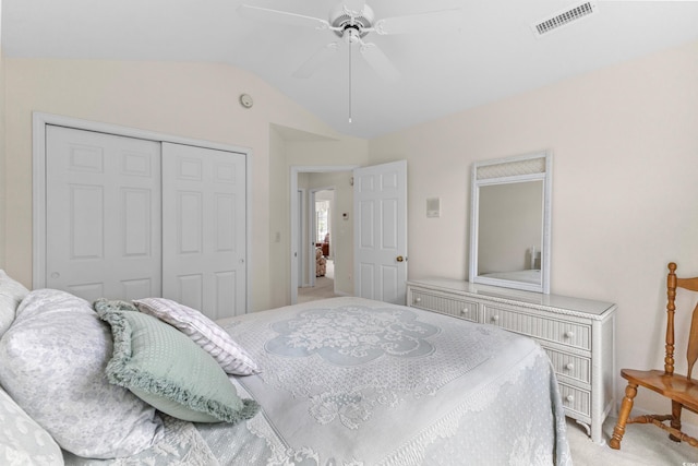 583 Wildflower Trl, Myrtle Beach, SC 29579 - bedroom with lofted ceiling, a closet, a ceiling fan, and light carpet