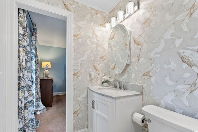 520 13th Ave N, Surfside Beach, SC 29575 - bathroom with vanity, crown molding, and wallpapered walls