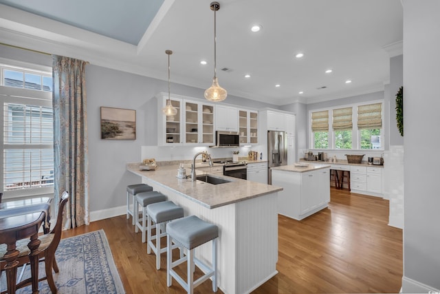 179 Cottage Ct, Pawleys Island, SC 29585 - kitchen featuring stainless steel appliances, crown molding, a peninsula, glass insert cabinets, and white cabinetry