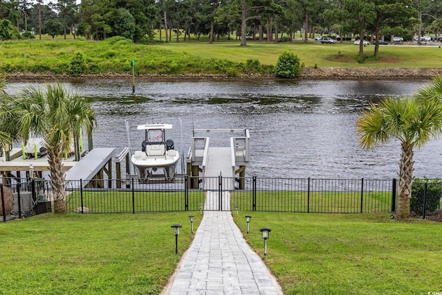 496 W Palm Dr, Myrtle Beach, SC 29579 - dock area with a water view, boat lift, and view of wooded area