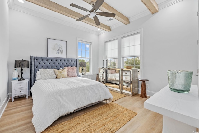 496 W Palm Dr, Myrtle Beach, SC 29579 - bedroom featuring ornamental molding, light wood-style flooring, beamed ceiling, recessed lighting, and a ceiling fan