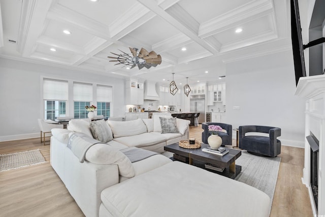 496 W Palm Dr, Myrtle Beach, SC 29579 - living room featuring recessed lighting, light wood-style flooring, beam ceiling, coffered ceiling, and crown molding