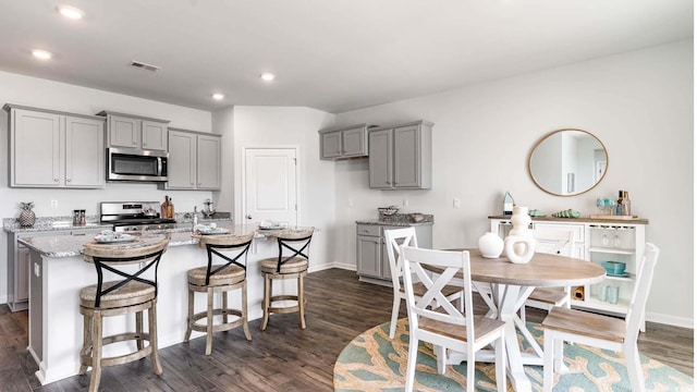 3550 Ashridge Way, Conway, SC 29526 - kitchen with stainless steel appliances, gray cabinets, dark wood-style floors, and recessed lighting