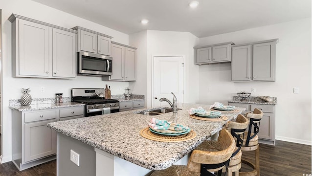 3550 Ashridge Way, Conway, SC 29526 - kitchen featuring stainless steel appliances, gray cabinets, light stone countertops, a kitchen island with sink, and recessed lighting