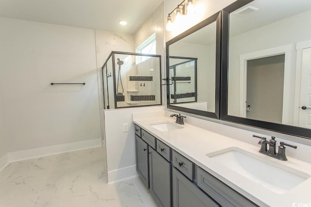 1514 Saw Palmetto St, North Myrtle Beach, SC 29582 - full bathroom featuring double vanity, a shower with shower door, marble finish flooring, and recessed lighting