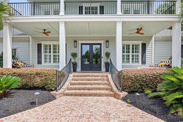 155 Preservation Cir, Pawleys Island, SC 29585 - doorway to property with a balcony, ceiling fan, and french doors