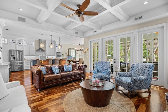 155 Preservation Cir, Pawleys Island, SC 29585 - living room with hardwood / wood-style floors, beamed ceiling, coffered ceiling, ceiling fan, and recessed lighting