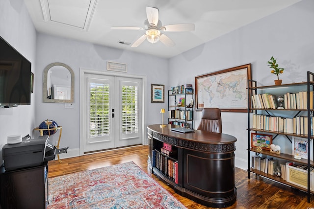 155 Preservation Cir, Pawleys Island, SC 29585 - office area featuring a ceiling fan, wood finished floors, and french doors