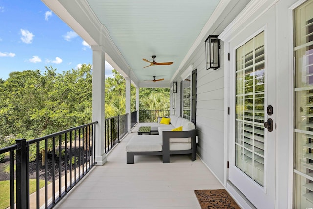 155 Preservation Cir, Pawleys Island, SC 29585 - balcony with a ceiling fan and an outdoor hangout area