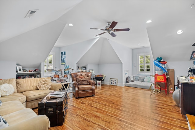 155 Preservation Cir, Pawleys Island, SC 29585 - living room with light wood-type flooring, lofted ceiling, ceiling fan, and recessed lighting