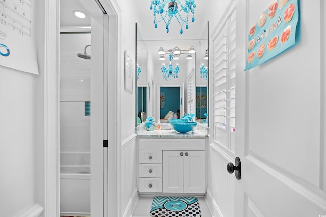 155 Preservation Cir, Pawleys Island, SC 29585 - full bath with vanity, tile patterned floors, shower / tub combination, and a chandelier