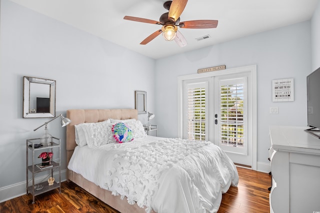 155 Preservation Cir, Pawleys Island, SC 29585 - bedroom with access to outside, dark wood-style floors, and ceiling fan
