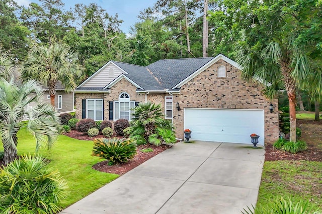 327 Trestle Way, Conway, SC 29526 - ranch-style house with driveway, brick siding, an attached garage, and a front yard