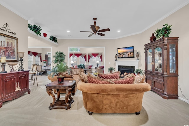 327 Trestle Way, Conway, SC 29526 - living room featuring light carpet, ceiling fan, a lit fireplace, crown molding, and recessed lighting